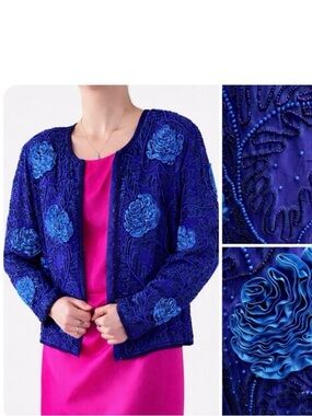 Vintage ’90s Blue Silk Beaded Short Jacket – Textured with Rosettes & Beads